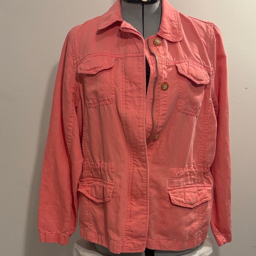 Bubblegum Pink Linen + Cotton Blend Chunky Button Zip Up Cargo Jacket Summer MP*